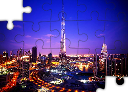 Zjednoczone Emiraty Arabskie, Dubaj, Burj Khalifa, Noc, Światła,  Miasto nocą