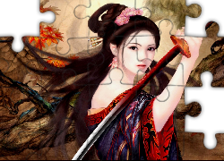Dziewczyna, Kimono, Miecz, Liście