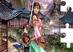 Kobieta, Xianghua, Soul Calibur IV, Wioska, Miecz, Jezioro