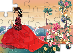 Kobieta, Japonka, Kwiaty, Suknia