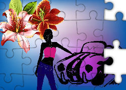 Kwiaty, Lilie, Dziewczyna, Samochód, Grafika