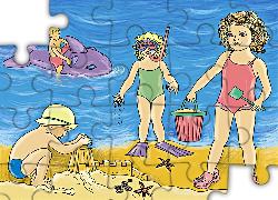 Dzieci, Plaża, Zabawa, Morze