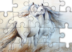 Dwa, Białe, Konie, Reprodukcja, Obrazu, Marcia Baldwin