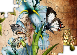 Kobieta, Kwiaty, Motyle