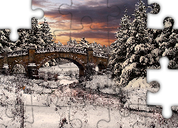 Zima, Drzewa, Śnieg, Most