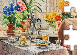 Obraz, Akwarela, Olga Aleksandrowna Romanowa, Stół, Filiżanki, Dzbanek, Kwiaty