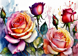 Róże, Kolorowe, Kwiaty, Akwarela, Grafika