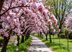Kwitnące, Drzewo owocowe, Alejka, Wiosna, Grafika AI