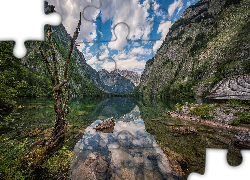 Jezioro Obersee, Góry, Alpy, Chmury, Uschnięte, Drzewo, Park Narodowy Berchtesgaden, Bawaria, Niemcy