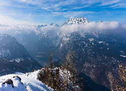 Zima, Góry, Alpy Berchtesgadeńskie, Śnieg, Drzewa, Niemcy