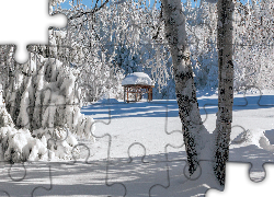 Zima, Śnieg, park, Drzewa, Altanka