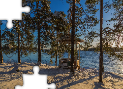Zima, Finlandia, Drzewa, Altanka, Śnieg, Jezioro