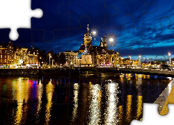 Holandia, Amsterdam, Kościół, Bazylika św Mikołaja, Rzeka IJ, Most, Noc
