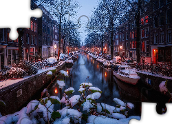 Zima, Śnieg, Kanał, Domy, Amsterdam, Holandia