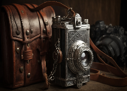 Aparat fotograficzny, Retro, Skórzany, Futerał, Antyk, Grafika AI