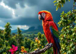 Ptak, Papuga, Ara, Konar, Ciemne, Chmury, Grafika AI