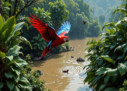 Rzeka, Fruwająca, Papuga, Ara, Lot, Zielone, Rośliny