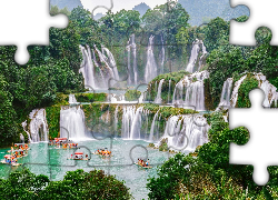 Wodospad Ban Gioc Waterfall, Łodzie, Jezioro, Rzeka, Cao Bang, Wietnam