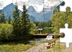Góry Totes Gebirge, Północne Alpy Wapienne, Drzewa, Ławka, Ścieżka, Jezioro Schiederweiher, Hinterstoder, Austria