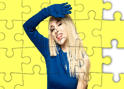 Blondynka, Kobieta, Piosenkarka, Ava Max, Uśmiech, Granatowa, Sukienka