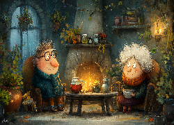 Babcia, Dziadek, Ciepłe, Ubranie, Stół, Kominek, Grafika AI