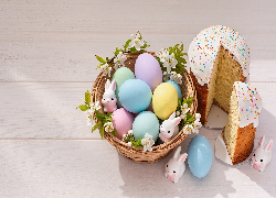 Wielkanoc, Kolorowe, Jajka, Wiklinowy, Koszyk, Porcelanowe, Zajączki, Ciasto, Babka, Białe, Kwiaty
