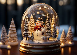 Zima, Szklana, Kula, Bałwan, Białe, Choinki, Śnieg, Światło, Dekoracja