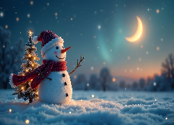 Bałwan, Czerwona, Czapka, Szalik, Księżyc