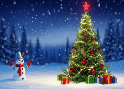 Boże Narodzenie, Udekorowana, Choinka, Prezenty, Bałwanek, Las, Noc, Śnieg, Zima