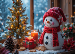 Boże Narodzenie, Bałwanek, Czapka, Szalik, Udekorowana, Choinka, Ciasteczka, Prezent, Świece, Szyszki, Śnieg