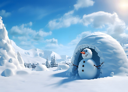 Zima, Igloo, Bałwan, Zaspy, Śnieżne, Drzewa, AI