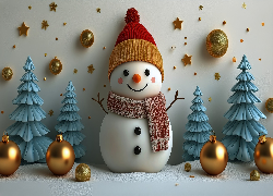 Boże Narodzenie, Cztery, Choinki, Bombki, Gwiazdki, Bałwan, Szal, Czapka