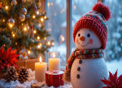 Świąteczne, Bałwanek, Okno, Choinka, Świece