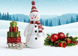 Boże Narodzenie, Zima, Śnieg, Bałwan, Czapka, Szal, Sanki, Prezenty, Gałązki, Bombki, Szyszki
