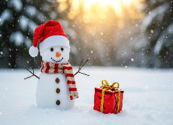 Zima, Bałwan, Szal, Czapka, Mikołaja, Prezent