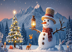 Boże Narodzenie, Bałwanek, Lampion, Choinka, Góry, Zima