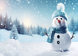 Zima, Śnieg, Bałwan, Niebieska, Czapka, Szal