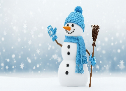 Zima, Bałwan, Niebieska, Czapka, Szal, Miotła