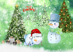 Bałwanki, Choinki, Śnieg, Boże Narodzenie, 2D