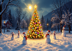 Boże Narodzenie, Zima, Świąteczne, Bałwanki, Choinka, Księżyc