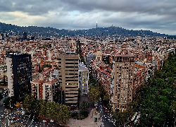 Miasto, Wieżowce, Ulice, Drzewa, Barcelona, Hiszpania