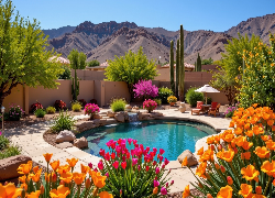 Basen, Kolorowe, Kwiaty, Góry, Drzewa