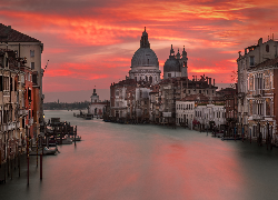 Wenecja, Canal Grande, Budynki, Katedra, Łodzie, Poranek, Niebo, Wschód słońca, Włochy