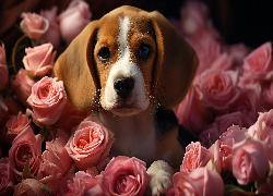 Beagle, Pies, Mordka, Róże, Szczeniak
