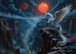 Koń, Biały, Pegaz, Skrzydła, Księżyc, Kanion, Fantasy