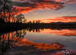 Jezioro, Drzewa, Kolorowe, Niebo, Zachód słońca, Odbicie