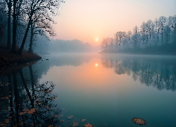 Jezioro, Mgła, Drzewa, Zachód słońca