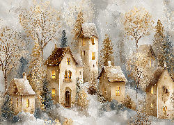 Drzewa, Zima, Domy, Grafika AI