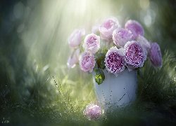 Róże, Różowe, Kwiaty, Biała, Donica, Trawa, Grafika AI