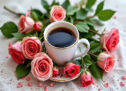 Biała, Filiżanka, Talerzyk, Kawa, Różowe, Róże